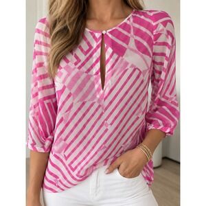 Theory 100% Silk Pink White Geometric Print Blouse Top Size P Statement